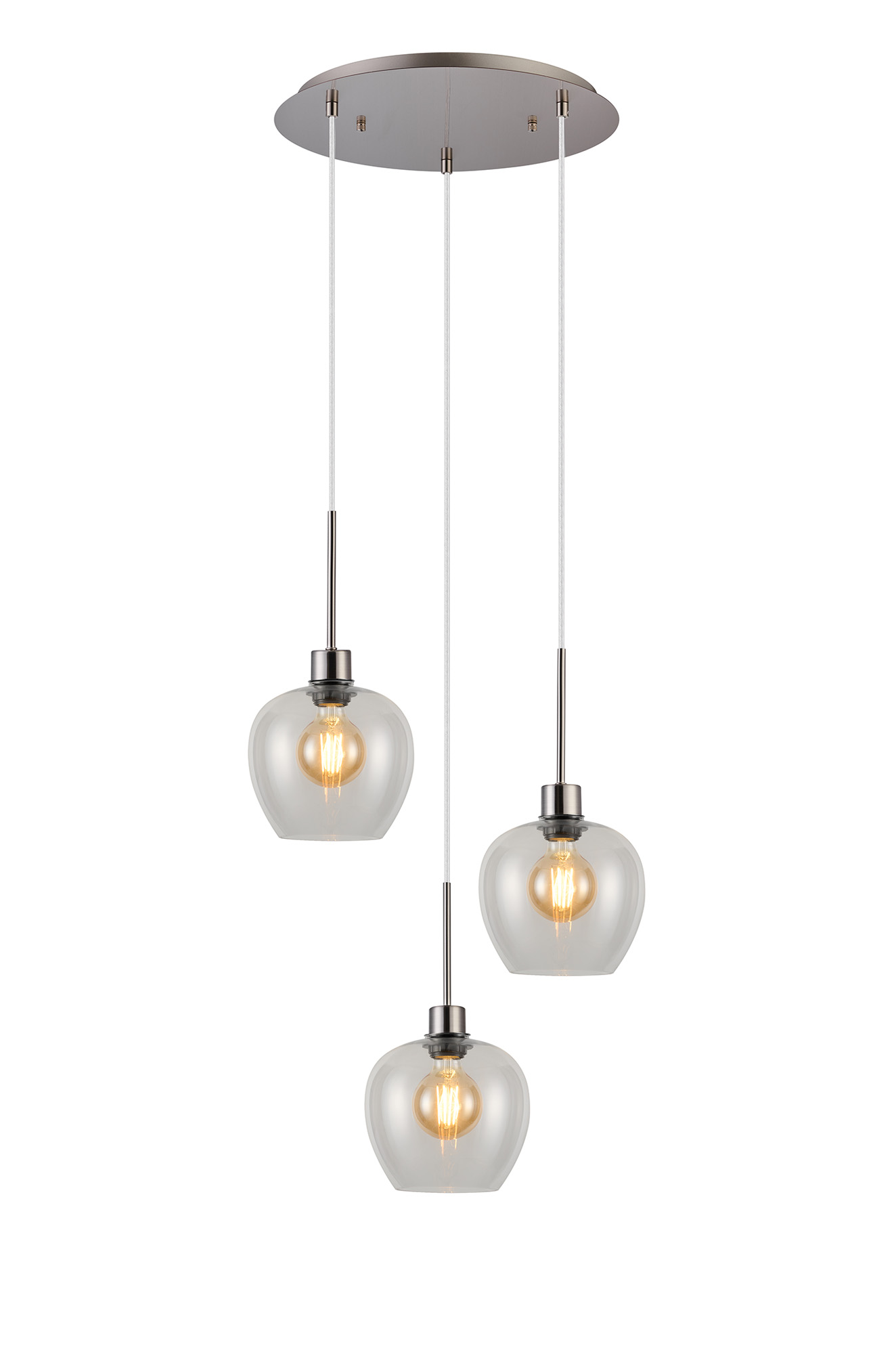 Lori 40cm Round Pendant, 3 Light Adjustable E27, Satin Nickel/Clear Wine Shades